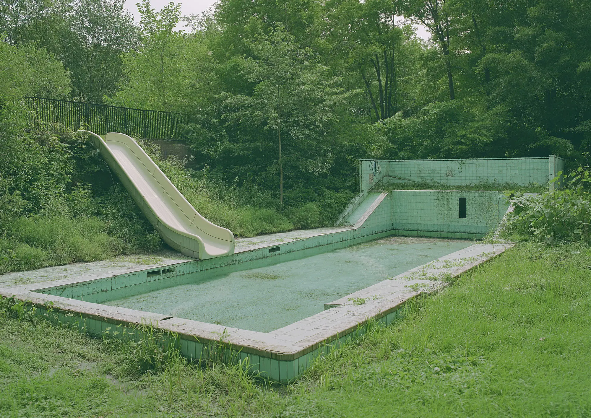 Imaginary abandoned training pool and water slide